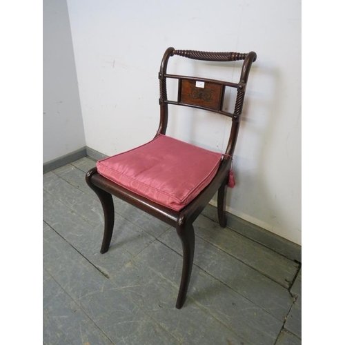 746 - A Regency Period mahogany rope back occasional chair, with brass Boulle work inlay and bergère seat,... 