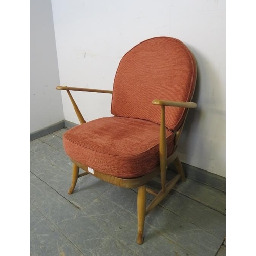 747 - A mid-century blonde elm open-sided armchair by Ercol (model 305) with loose seat cushions re-uphols... 