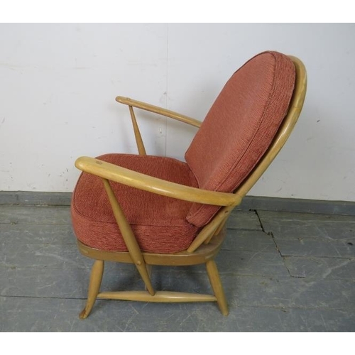 747 - A mid-century blonde elm open-sided armchair by Ercol (model 305) with loose seat cushions re-uphols... 