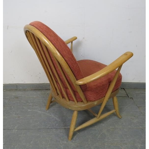 747 - A mid-century blonde elm open-sided armchair by Ercol (model 305) with loose seat cushions re-uphols... 