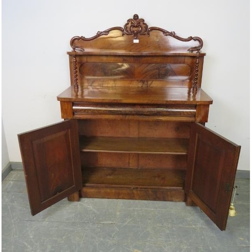 748 - A Victorian mahogany chiffonier, with barley twist uprights, housing one long blind drawer above pan... 