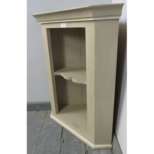 757 - A pine wall-hanging corner shelving unit, of one open fitted shelf, painted distressed Annie Sloane ... 