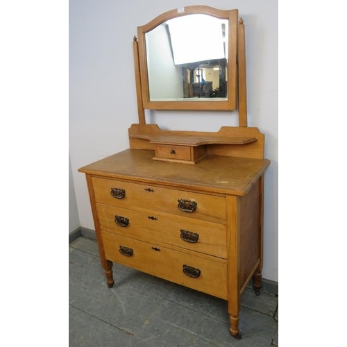 760 - An Edwardian lightwood dressing chest with bevelled mirror, above three long drawers with Art Nouvea... 