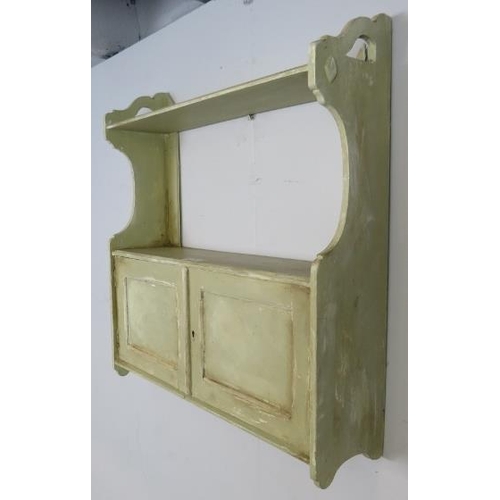 768 - An Edwardian wall-hanging shelf with cupboard under, painted distressed Annie Sloan beige. 
H56cm W5... 