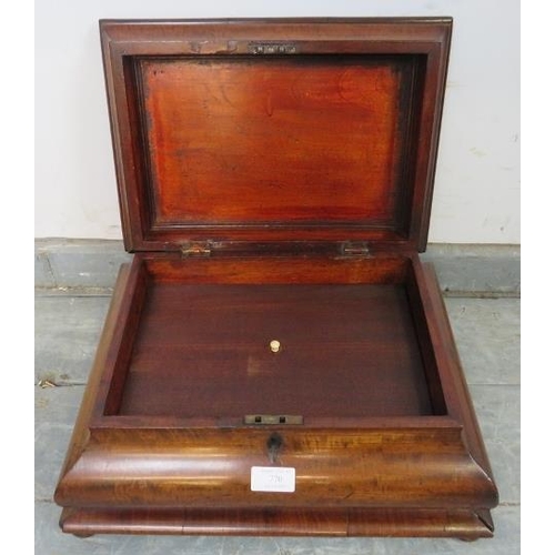 770 - A 19th century mahogany stationary box, of casket form, on bun feet. 
H21cm W41cm D31cm (approx).
Co... 