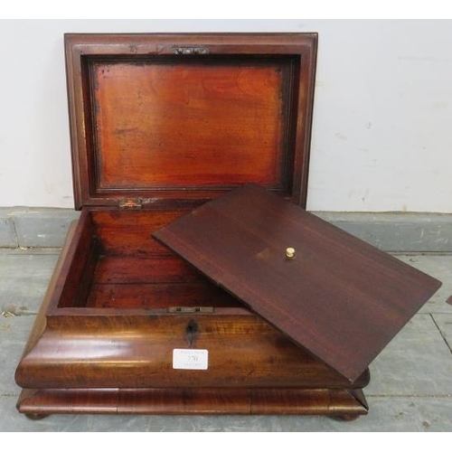 770 - A 19th century mahogany stationary box, of casket form, on bun feet. 
H21cm W41cm D31cm (approx).
Co... 