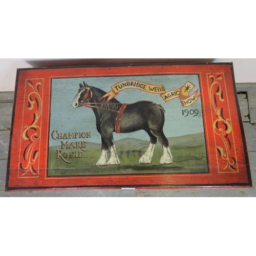 775 - An antique flat-top metal bound trunk, the lid hand painted with a shire horse ‘Champion mare Rosie’... 