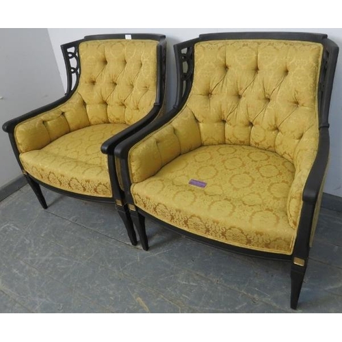 793 - A pair of ebonised armchairs in the French Empire taste by J.B. Van Sciver Co, upholstered in button... 