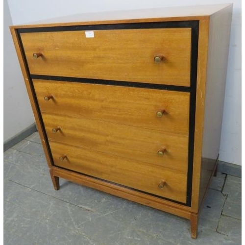 809 - A mid-century teak chest by Loughborough for Heal & Son, housing four long drawers within an ebonise... 