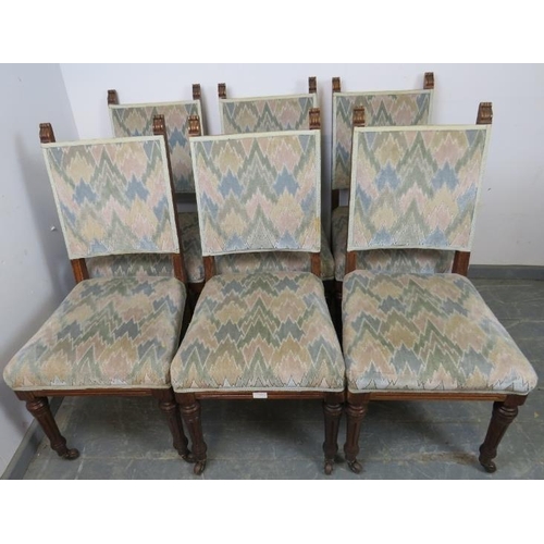 811 - A set of six turn of the century oak dining chairs, reupholstered in contemporary geometric patterne... 