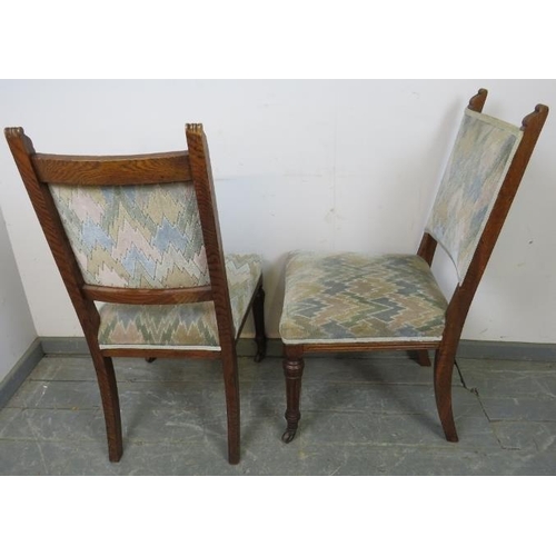 811 - A set of six turn of the century oak dining chairs, reupholstered in contemporary geometric patterne... 