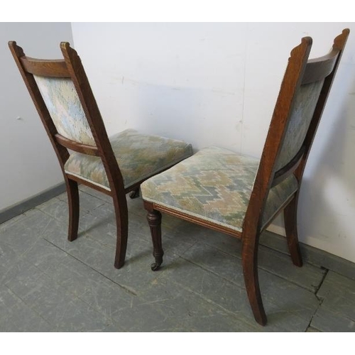 811 - A set of six turn of the century oak dining chairs, reupholstered in contemporary geometric patterne... 