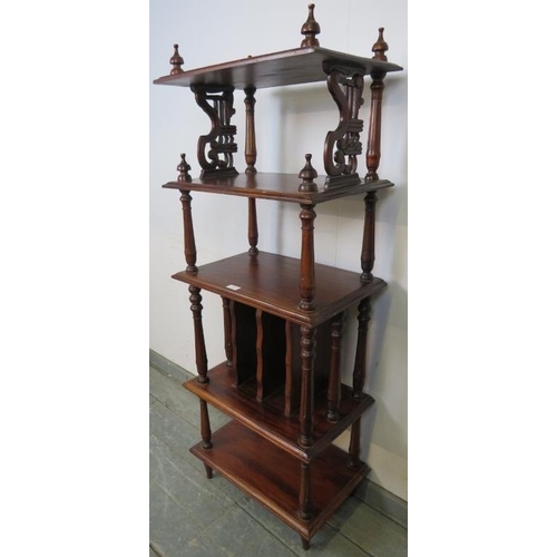 814 - A 19th century style hardwood freestanding five-tier whatnot, featuring turned finials, reeded uprig... 