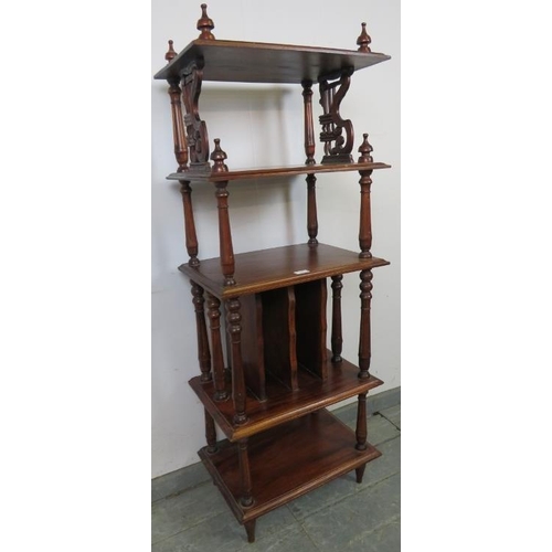 814 - A 19th century style hardwood freestanding five-tier whatnot, featuring turned finials, reeded uprig... 