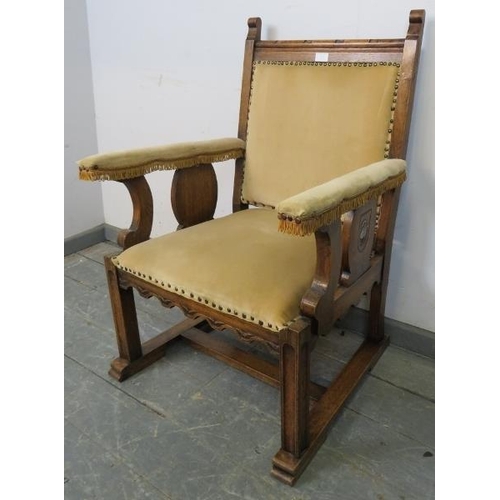 815 - A vintage oak open-sided throne chair in the 17th century Spanish taste, upholstered in beige velvet... 