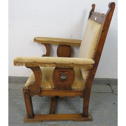 815 - A vintage oak open-sided throne chair in the 17th century Spanish taste, upholstered in beige velvet... 