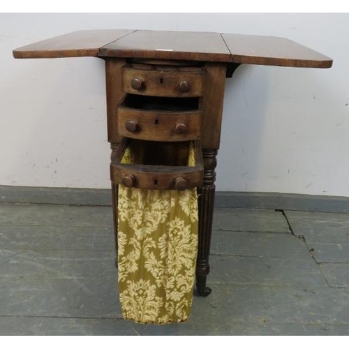 829 - A William IV mahogany drop-leaf worktable, housing two short drawers with tapestry storage well unde... 