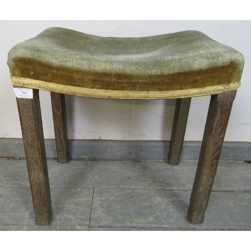 832 - A George VI coronation stool in unrestored condition, upholstered in green velvet with gold braid tr... 