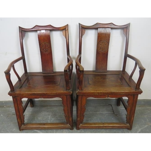 848 - A pair of 19th century Ming jumu wood Chinese Southern officials hat armchairs, the back splats with... 