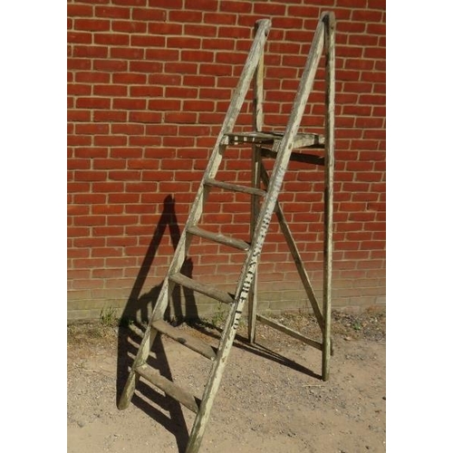 855 - An antique A-frame step ladder painted white, with stencilled lettering to both sides ‘James Rodgers... 