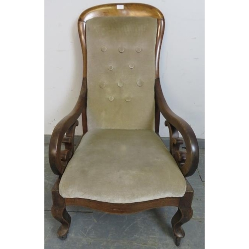 858 - A Victorian walnut open-sided armchair upholstered in grey velvet material, with carved and pierced ... 