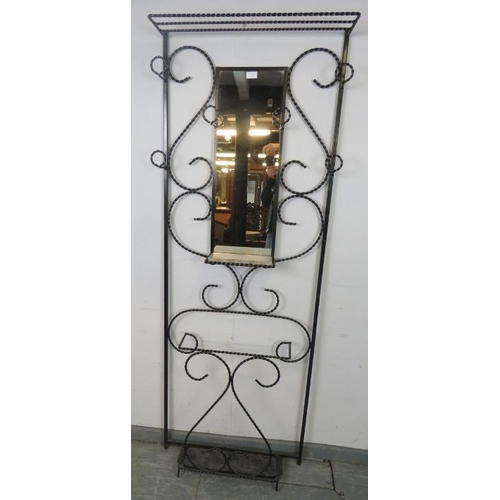 860 - A vintage French wrought iron hall stand painted black, featuring scrolled detail and six coat-hooks... 