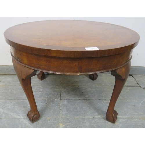 880 - An antique burr walnut low circular occasional table, on cabriole supports with claw & ball feet. 
H... 