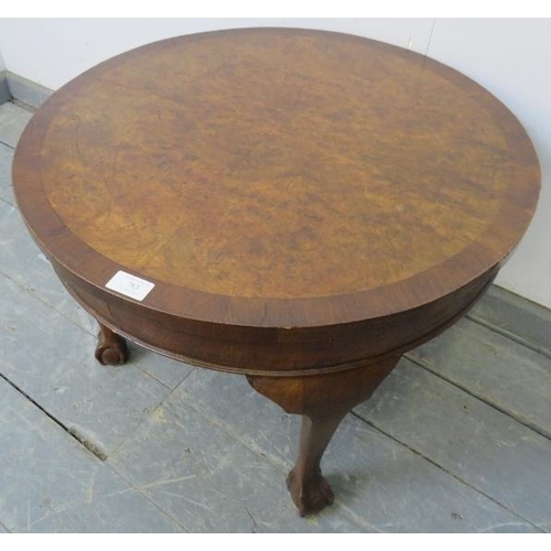 880 - An antique burr walnut low circular occasional table, on cabriole supports with claw & ball feet. 
H... 