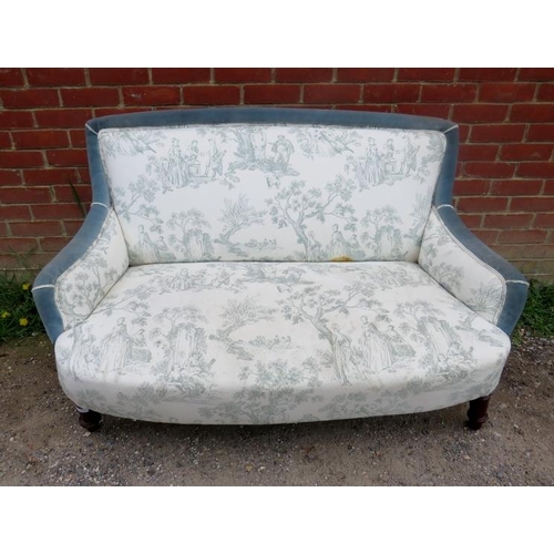 882 - A 19th century two-seater sofa, upholstered in blue velvet and toile de jour material with brass stu... 