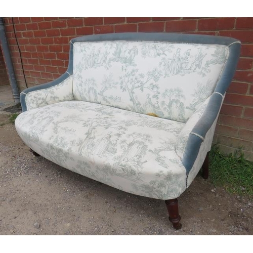 882 - A 19th century two-seater sofa, upholstered in blue velvet and toile de jour material with brass stu... 