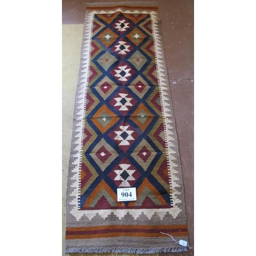 904 - A Maimana Kilim runner, good strong colours and condition good. 196cm x 65cm.