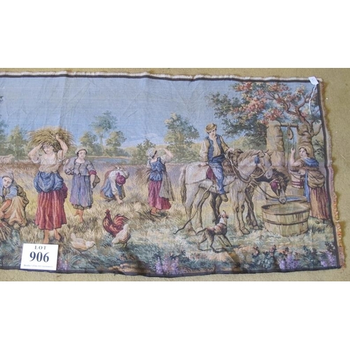 906 - A French style tapestry wall hanging, depicting rural country life. 204cm x 68cm.