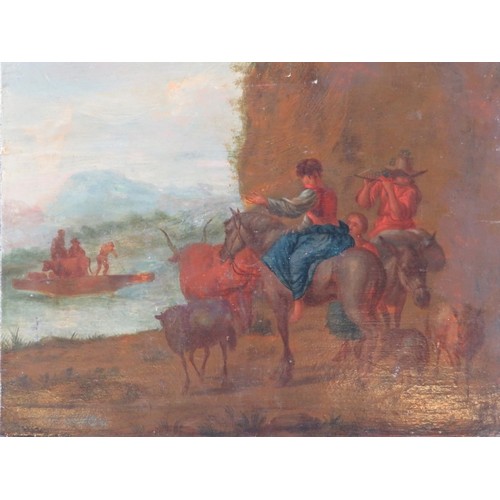 542 - Continental School (18th/19th century) -  'Various figures and animals crossing a river', oil on old... 