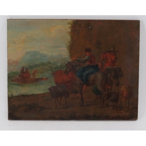 542 - Continental School (18th/19th century) -  'Various figures and animals crossing a river', oil on old... 