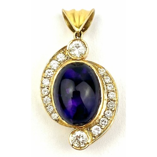 368 - A yellow metal amethyst & diamond pendant, bail marked 18ct. The cabochon cut amethyst approx 18mm x... 