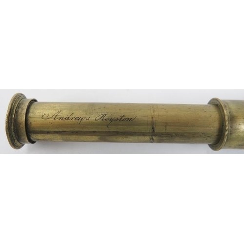 105 - A three draw portable telescope by Henry Andrews of Royston, 19th century. Inscribed ‘Andrews Roysto... 