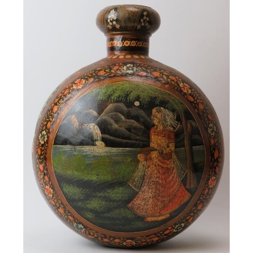 121 - A large Indian hand painted metal moon flask vase, 20th century. Both sides painted with figural riv... 