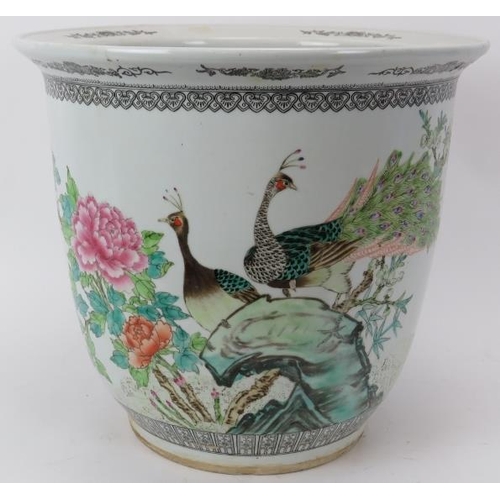 125 - A large Chinese polychrome painted porcelain jardiniere, 20th century. Painted depicting peacocks an... 