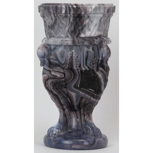 127 - A Victorian Edward Moore & Co pressed glass urn. Modelled in marbled malachite purple with three int... 