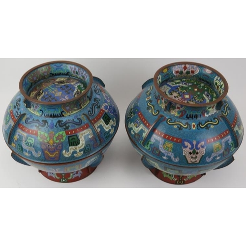 36 - A large pair of Chinese cloisonné bowls with covers, 20th century. Modelled with archaistic decorati... 