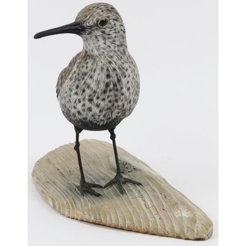 43 - A Mike Wood hand carved and painted wooden sculpture of a Dunlin coastal wader bird. Very finely, na... 