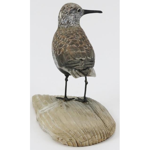 43 - A Mike Wood hand carved and painted wooden sculpture of a Dunlin coastal wader bird. Very finely, na... 