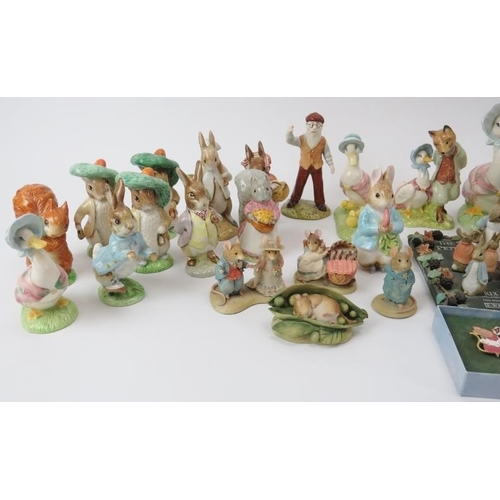 46 - A large collection of Beatrix Potter ceramic figurines and a pin badge. Comprising twelve Beswick fi... 