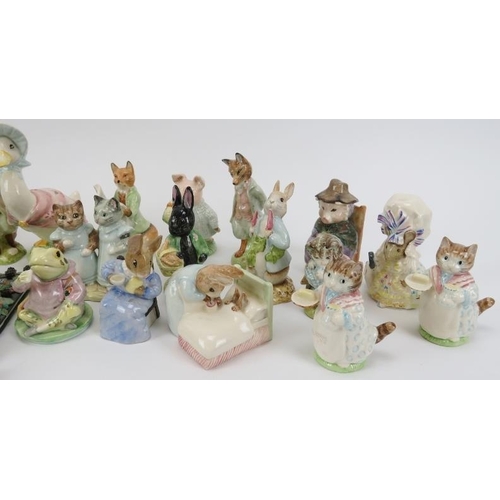 46 - A large collection of Beatrix Potter ceramic figurines and a pin badge. Comprising twelve Beswick fi... 