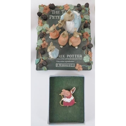 46 - A large collection of Beatrix Potter ceramic figurines and a pin badge. Comprising twelve Beswick fi... 