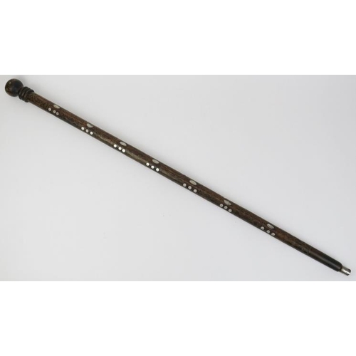 49 - An Indian inlaid fruitwood walking cane, late 19th/20th century. The knop handle and tapered shaft d... 