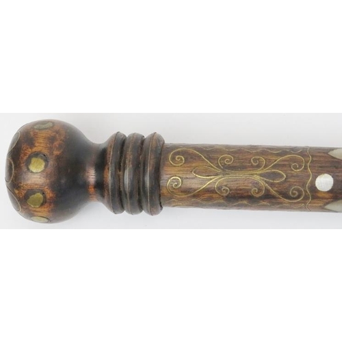 49 - An Indian inlaid fruitwood walking cane, late 19th/20th century. The knop handle and tapered shaft d... 