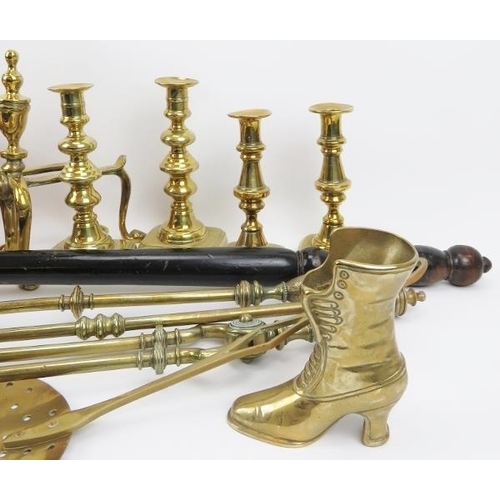 52 - A group of British brass and copper wears, 19th/20th century. Comparing two pairs of brass candlesti... 