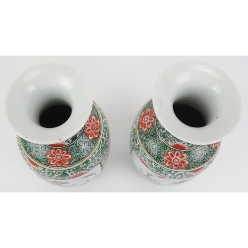 56 - A pair of Chinese Famille verte porcelain vases, late Qing dynasty. Decorated with panels depicting ... 