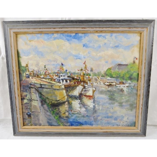 586 - Mercer (1952) - 'Harbour Scene', oil on board, signed and dated, 33cm x 41cm, framed.
Condition repo... 